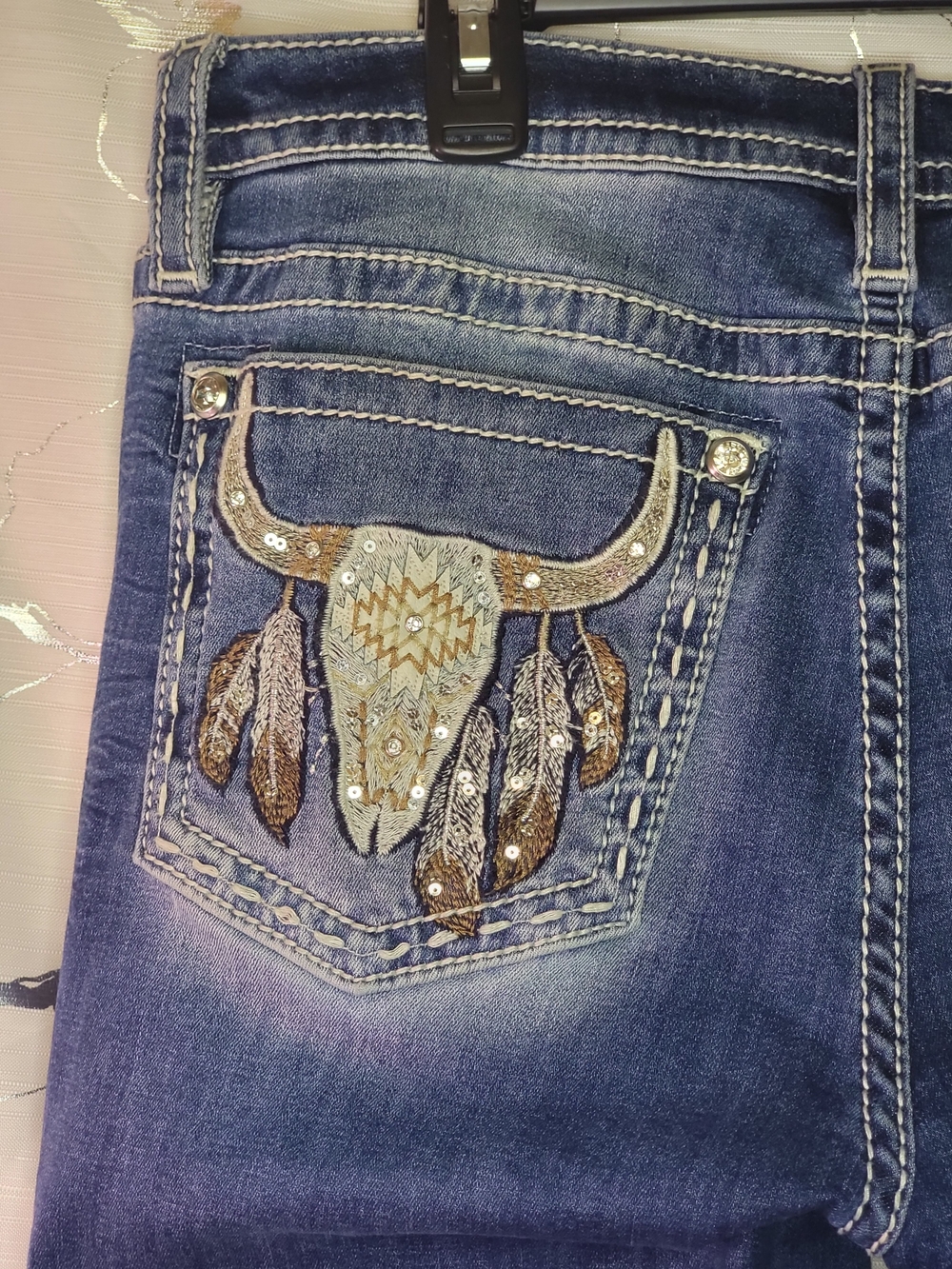 Miss Me Western Bootcut Jeans Size 31 Embroidered Cow Skull Stretch Bling - Picture 5 of 15